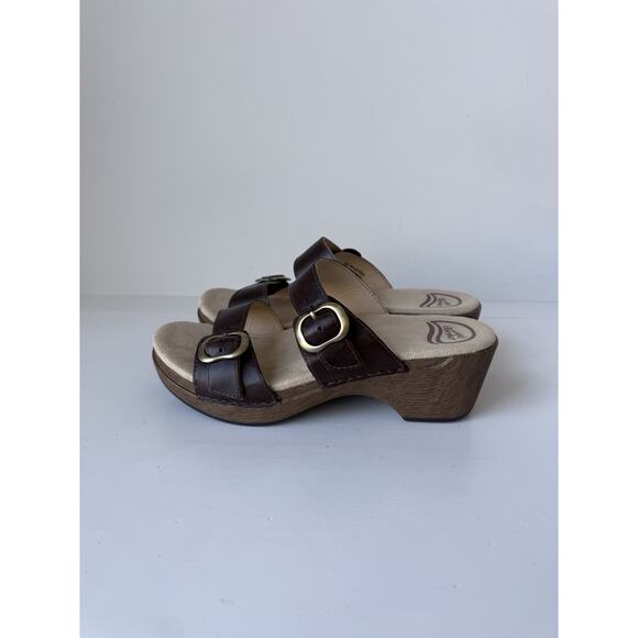 Dansko Sandal Womens 38 Brown Sophie Open Toe Slip On Wedge Heel Casual Leather - Picture 1 of 8